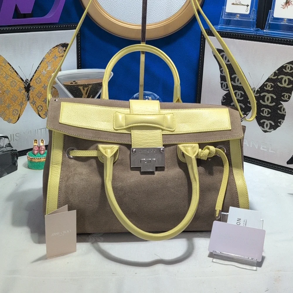 Jimmy Choo Rosalie Color Block  Yellow and Taupe 2 Way Satchel - RARE🔥🔥